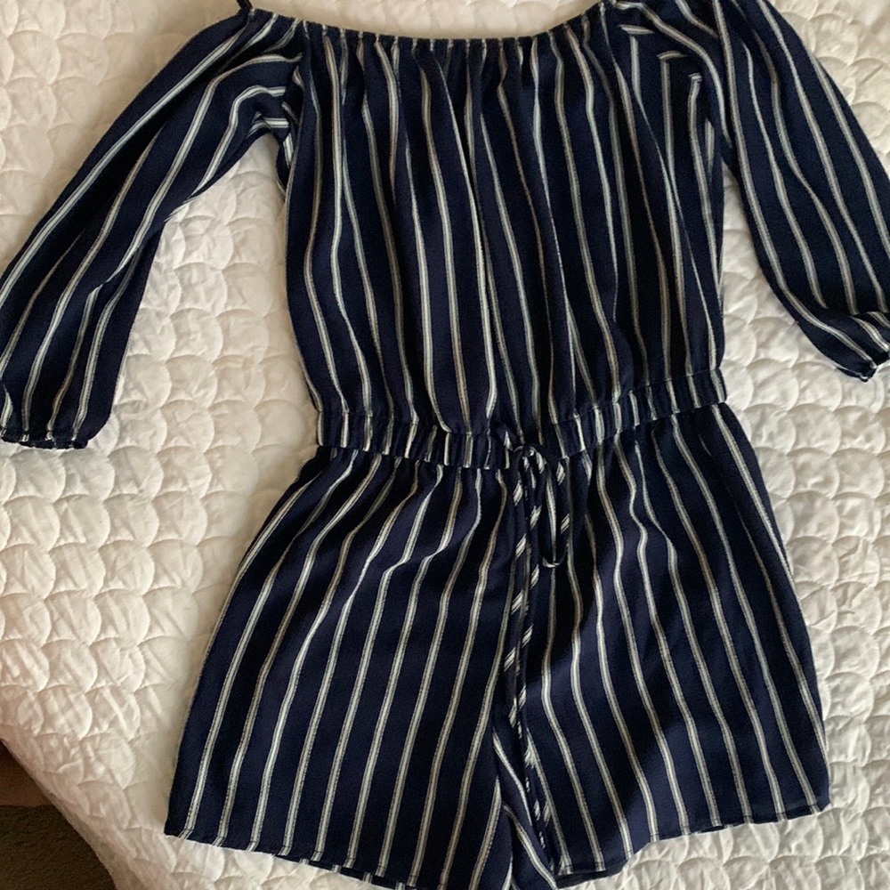 Navy off the shoulder pinstripe romper